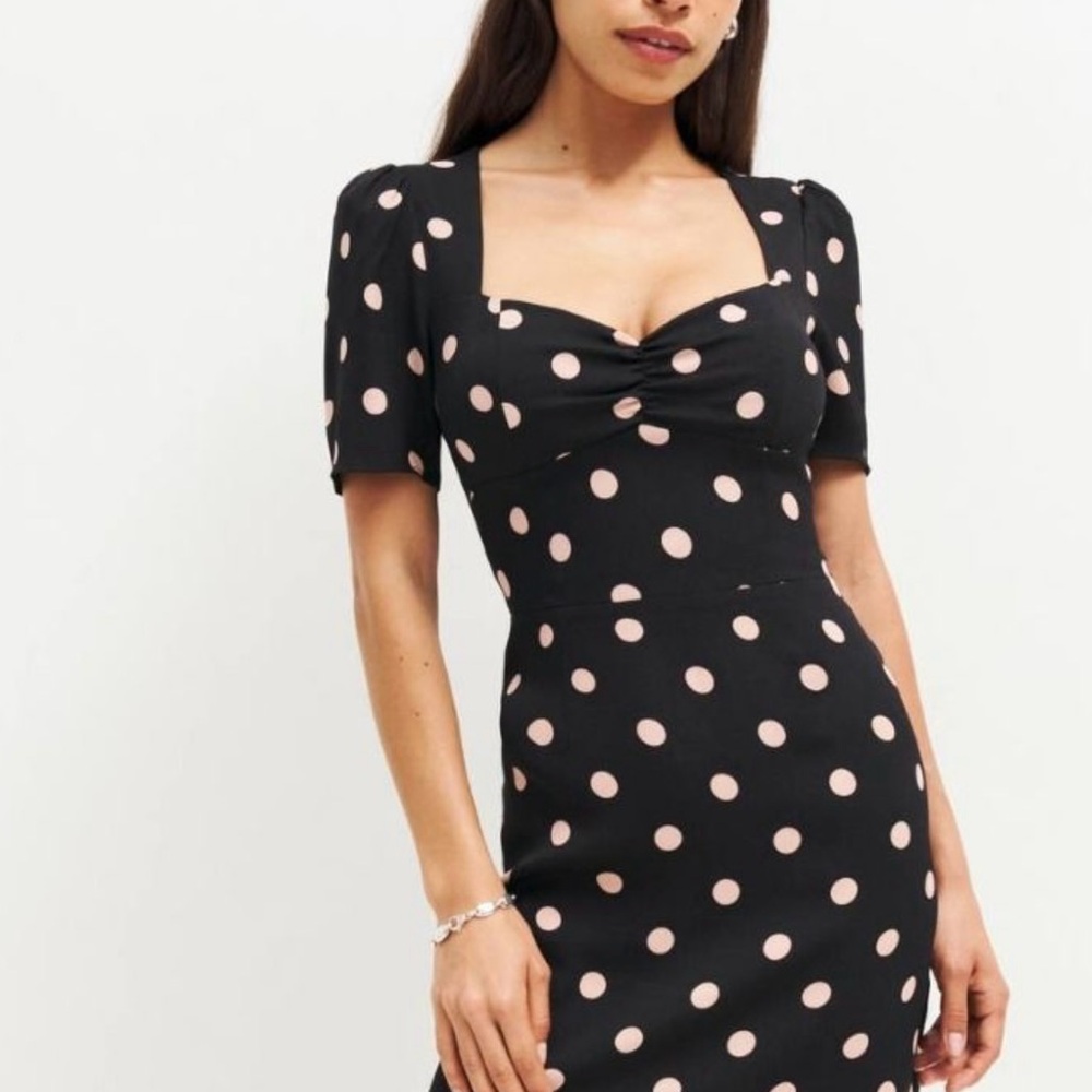 Reformation Black and Pink Polka Dot Dress